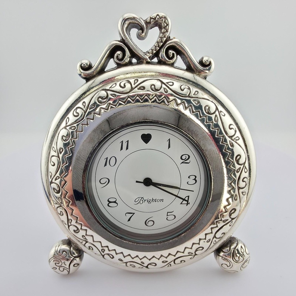 BRIGHTON 'Memphis' Desk Shelf Clock Small Ornate Etched Scrollwork Silver Plate